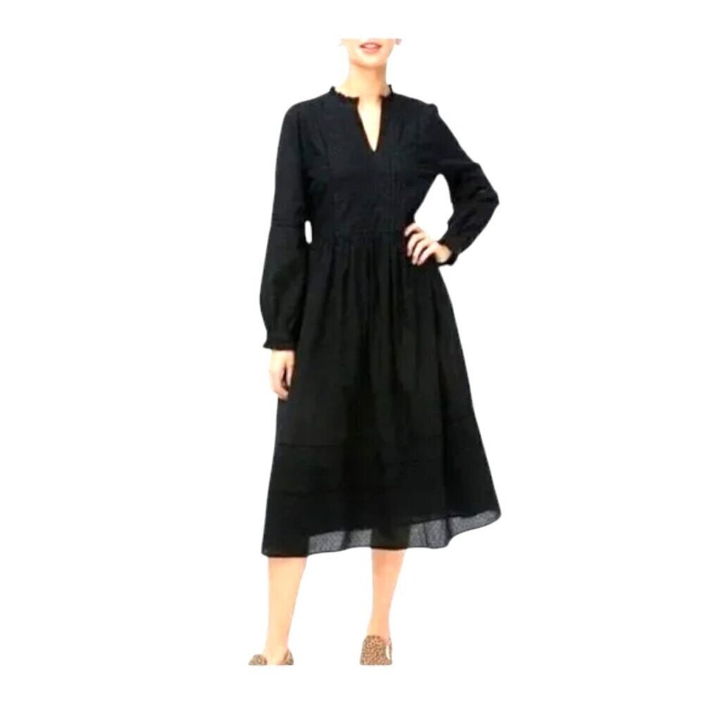 J. Crew Black Clip Swiss Dot Ruffle Pintuck Midi Dress Cotton